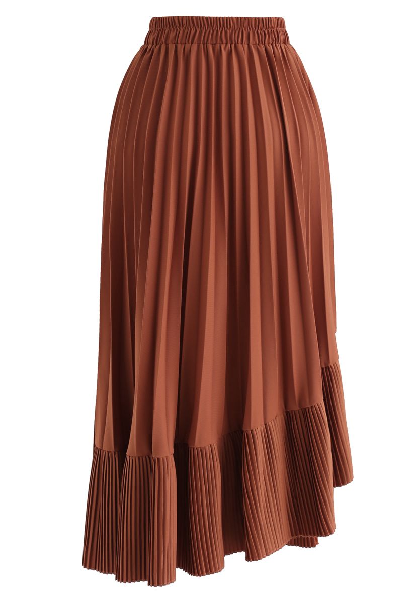 Asymmetric Hem Pleated Midi Skirt in Caramel