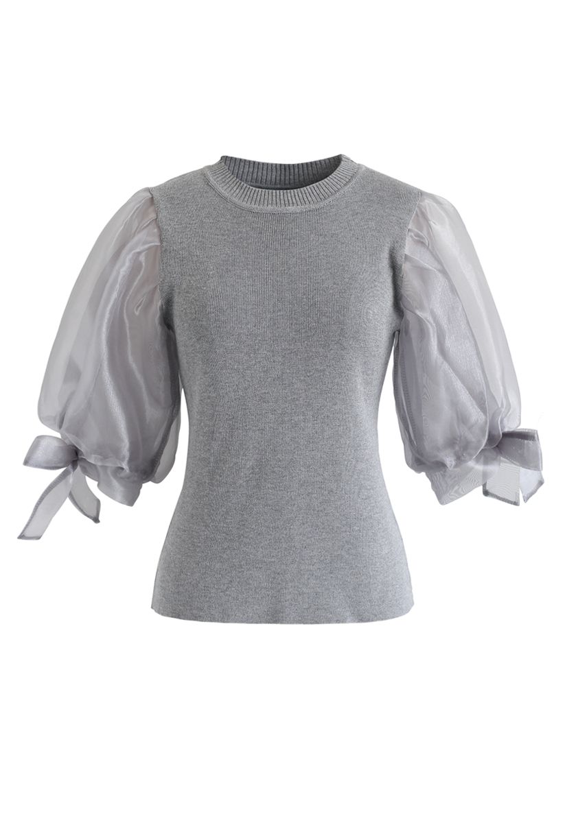 Organza Bubble Sleeves Knit Top in Grey