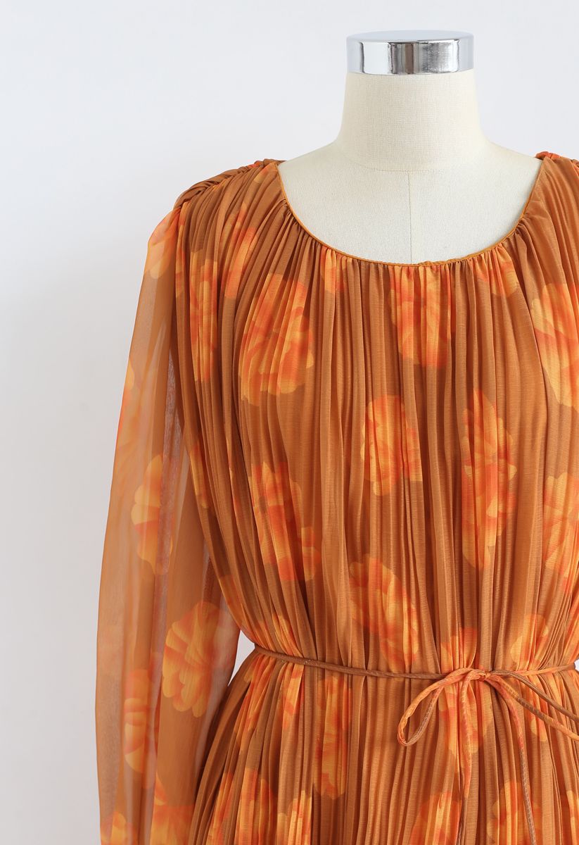 Floral Sheer Sleeves Pleated Chiffon Dress in Orange