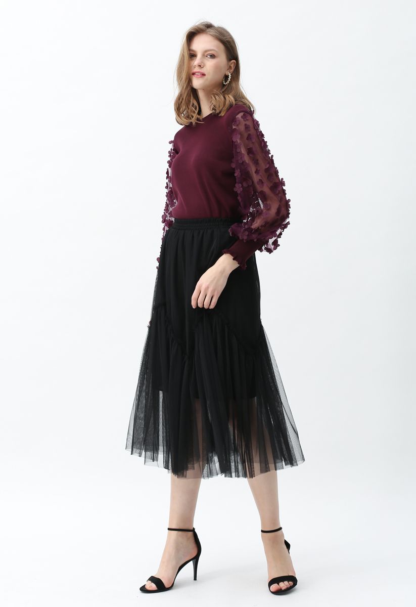 Black Wavy Double-Layered Mesh Tulle Skirt