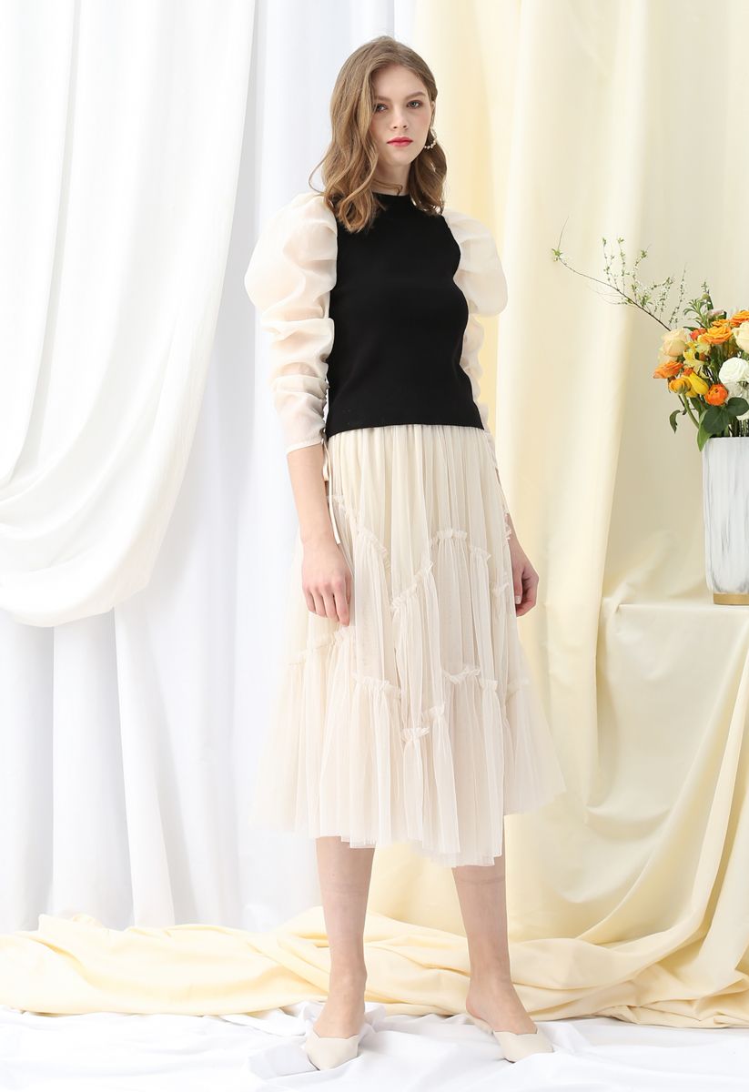 Ruffle Detail Asymmetric Mesh Tulle Skirt in Cream