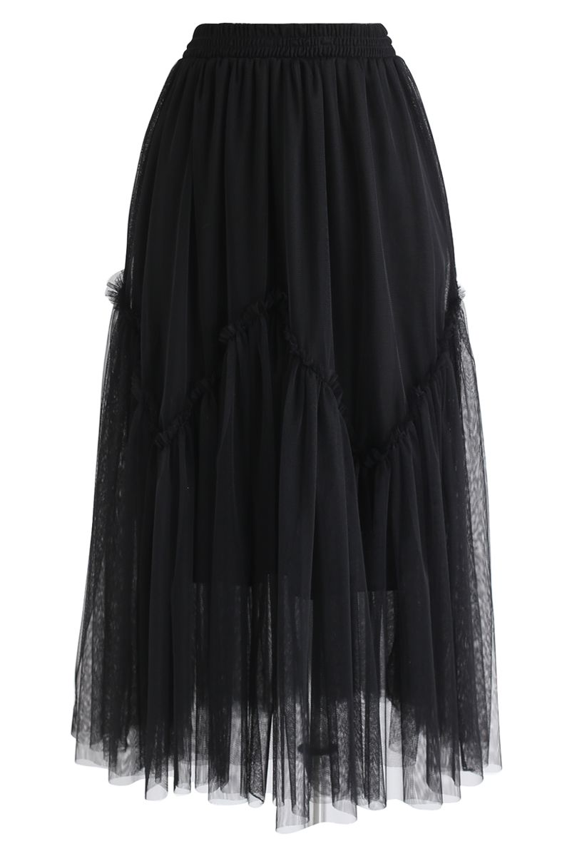 Black Wavy Double-Layered Mesh Tulle Skirt - Retro, Indie and Unique ...