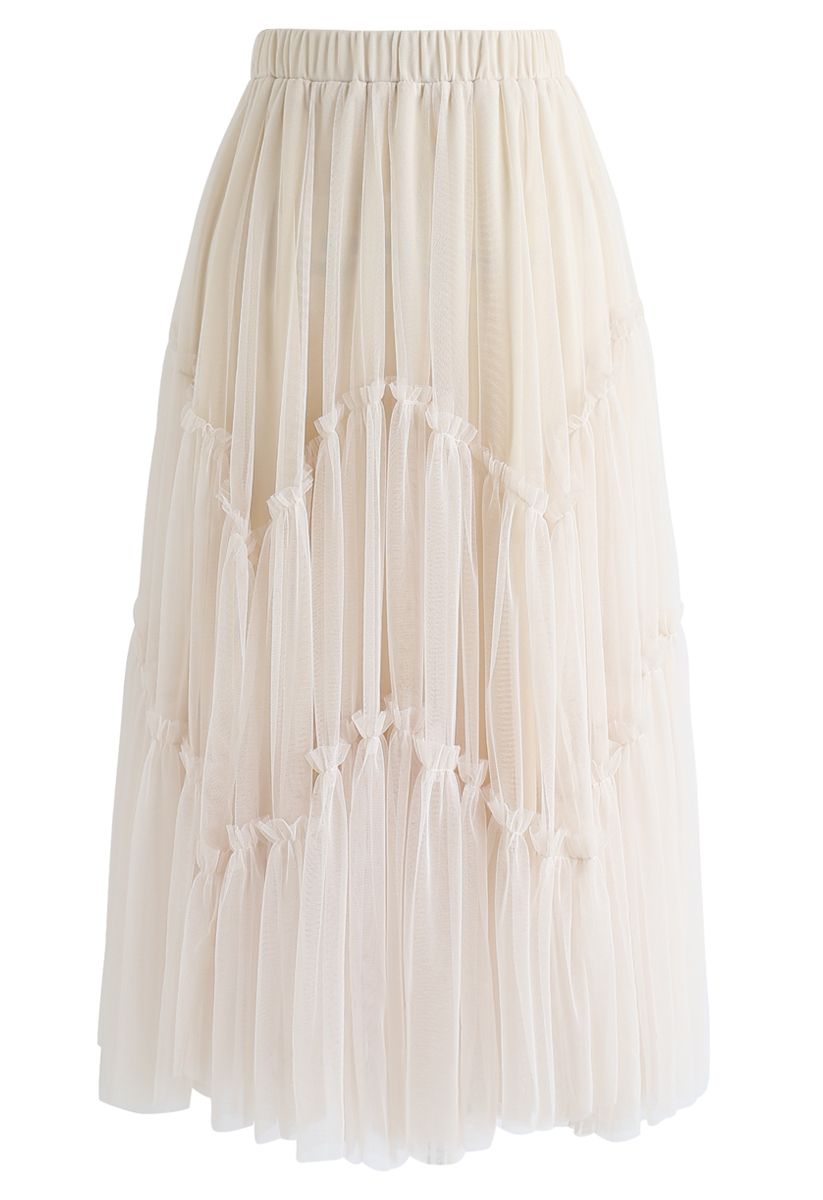 Ruffle Detail Asymmetric Mesh Tulle Skirt in Cream