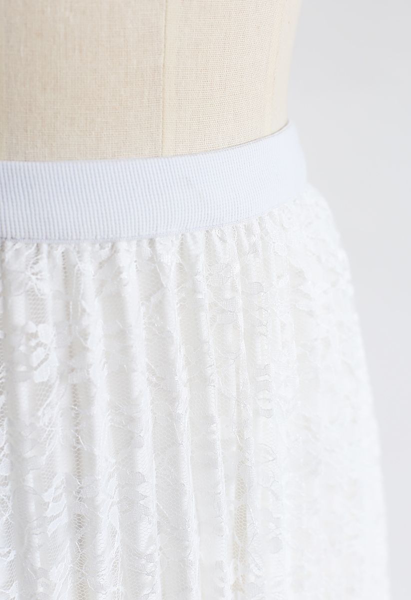 Reversible Floral Mesh Pleated Midi Skirt in White