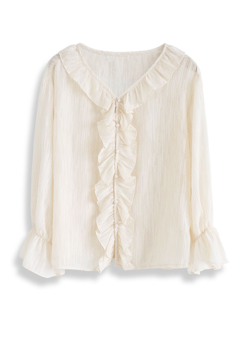 Lines Decorated Ruffle Sheer Top in Cream