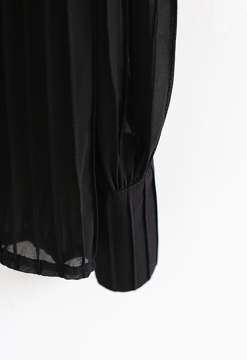 Crystal Lace Brooch Pleated Sheer Top in Black