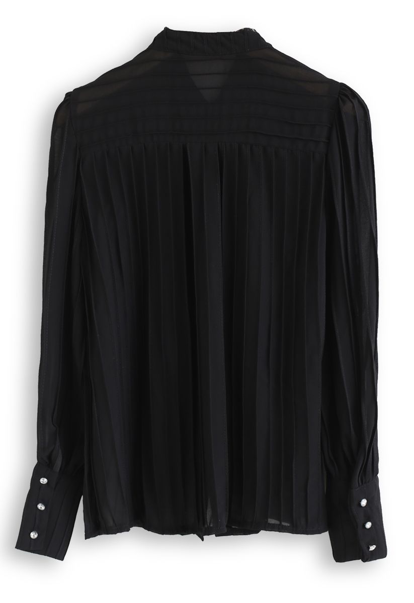 Crystal Lace Brooch Pleated Sheer Top in Black