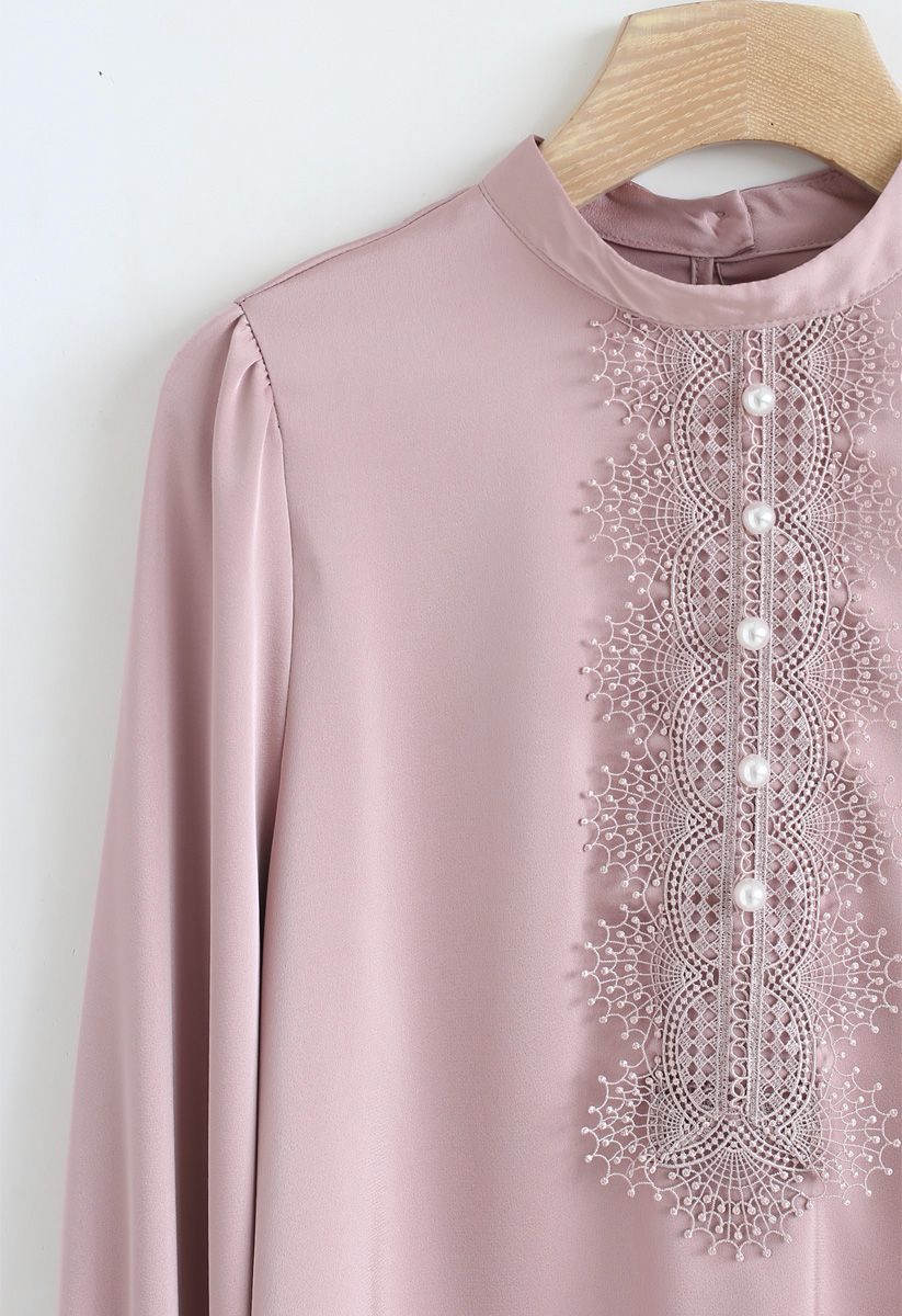 Pearls Embellished Lace Chiffon Top in Pink