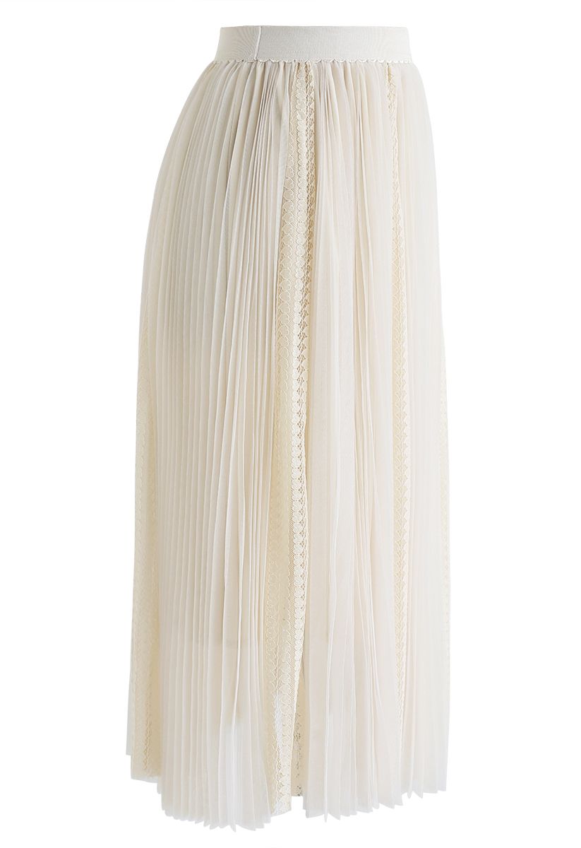 Exquisite Mesh Lace Pleated Midi Skirt in Cream