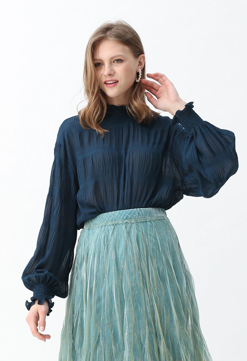 Mock Neck Shirred Sleeves Top in Indigo