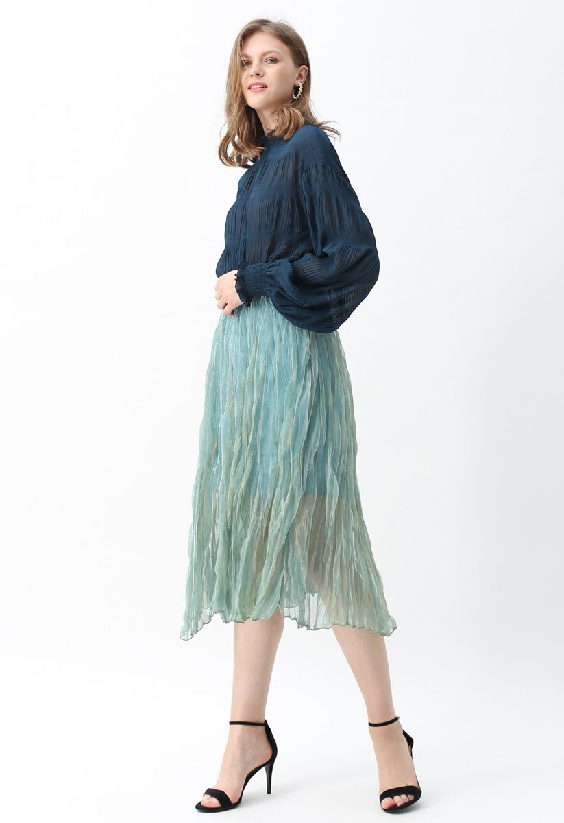 Mock Neck Shirred Sleeves Top in Indigo