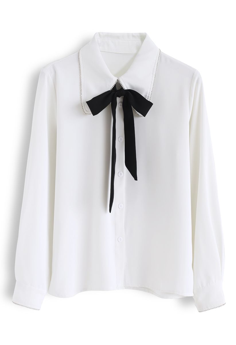 Crystal Edge Bowknot Button Down Shirt in White