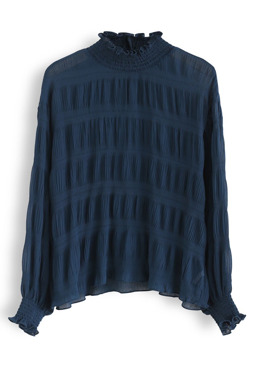 Mock Neck Shirred Sleeves Top in Indigo