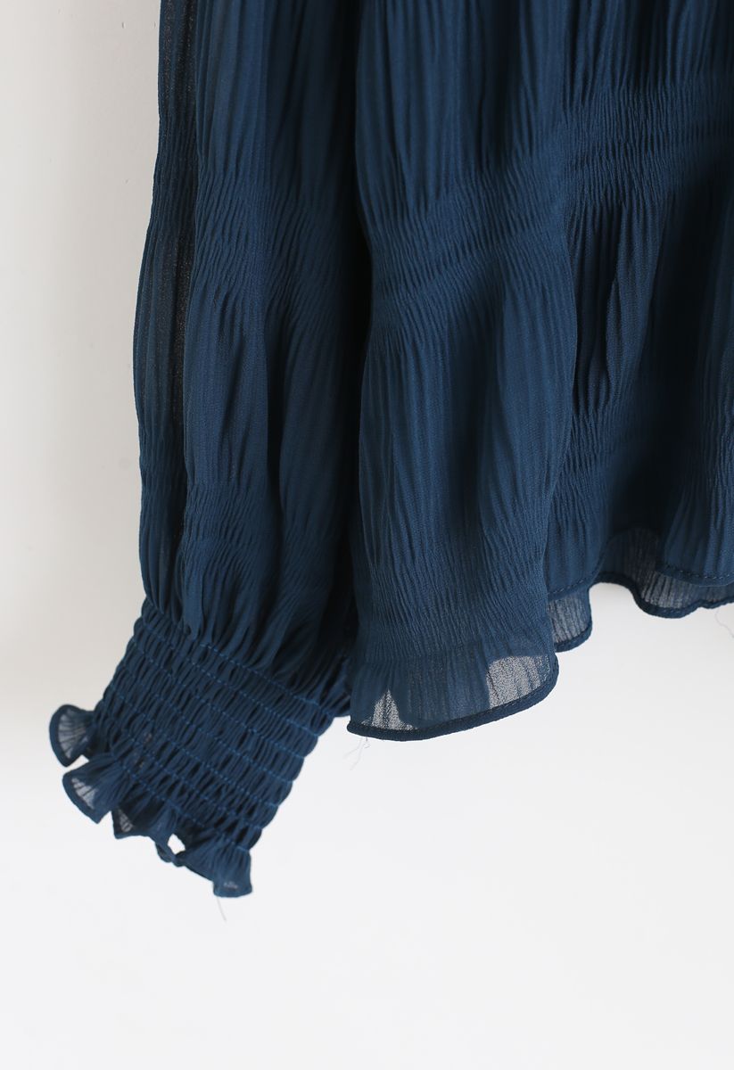 Mock Neck Shirred Sleeves Top in Indigo