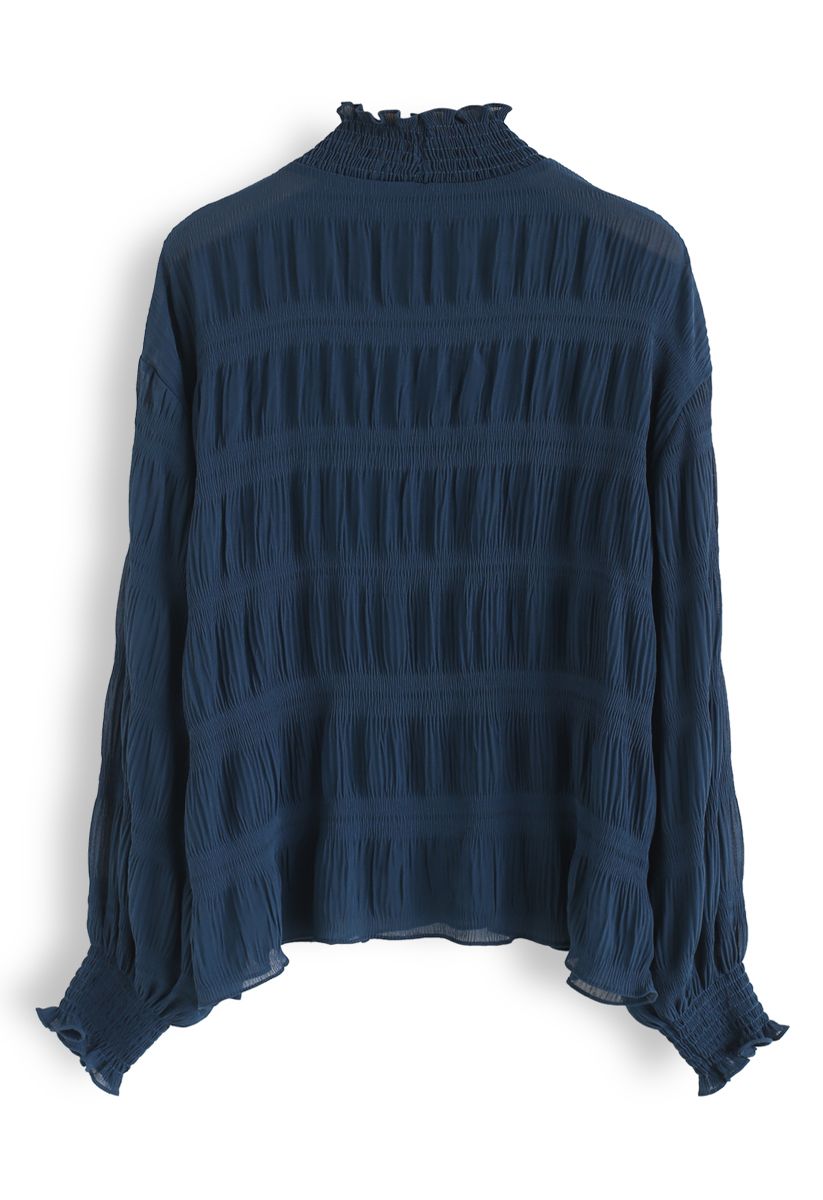 Mock Neck Shirred Sleeves Top in Indigo