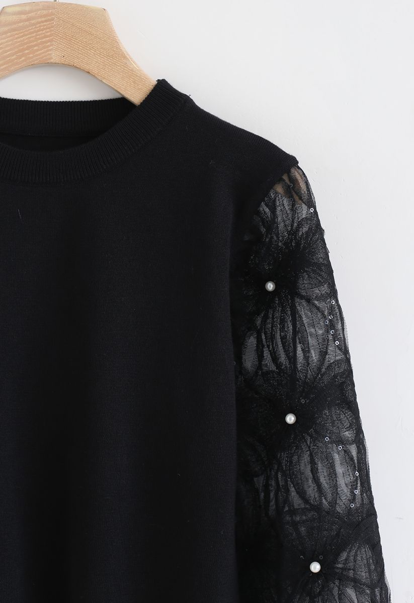 Pearls and Sequins Trim Mesh Sleeves Knit Top in Black