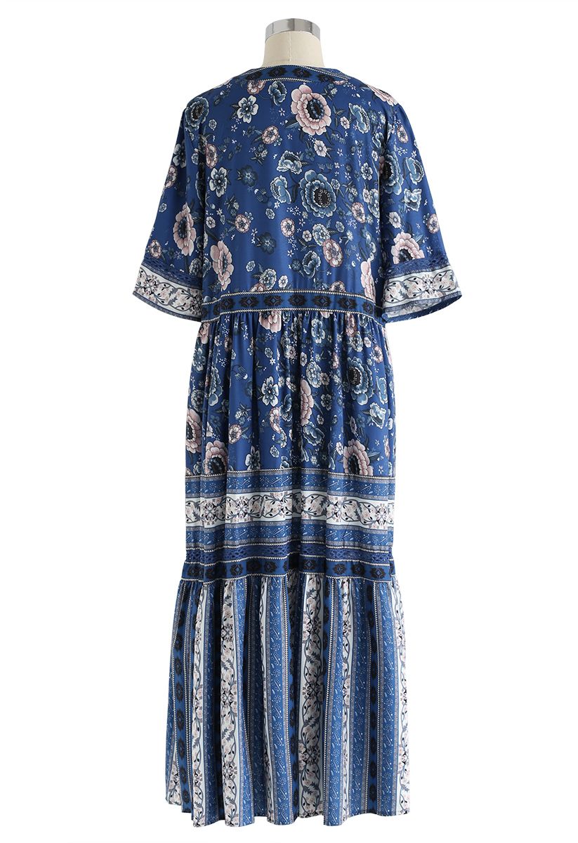 Boho Blossom Buttoned Maxi Dress in Blue - Retro, Indie and Unique Fashion