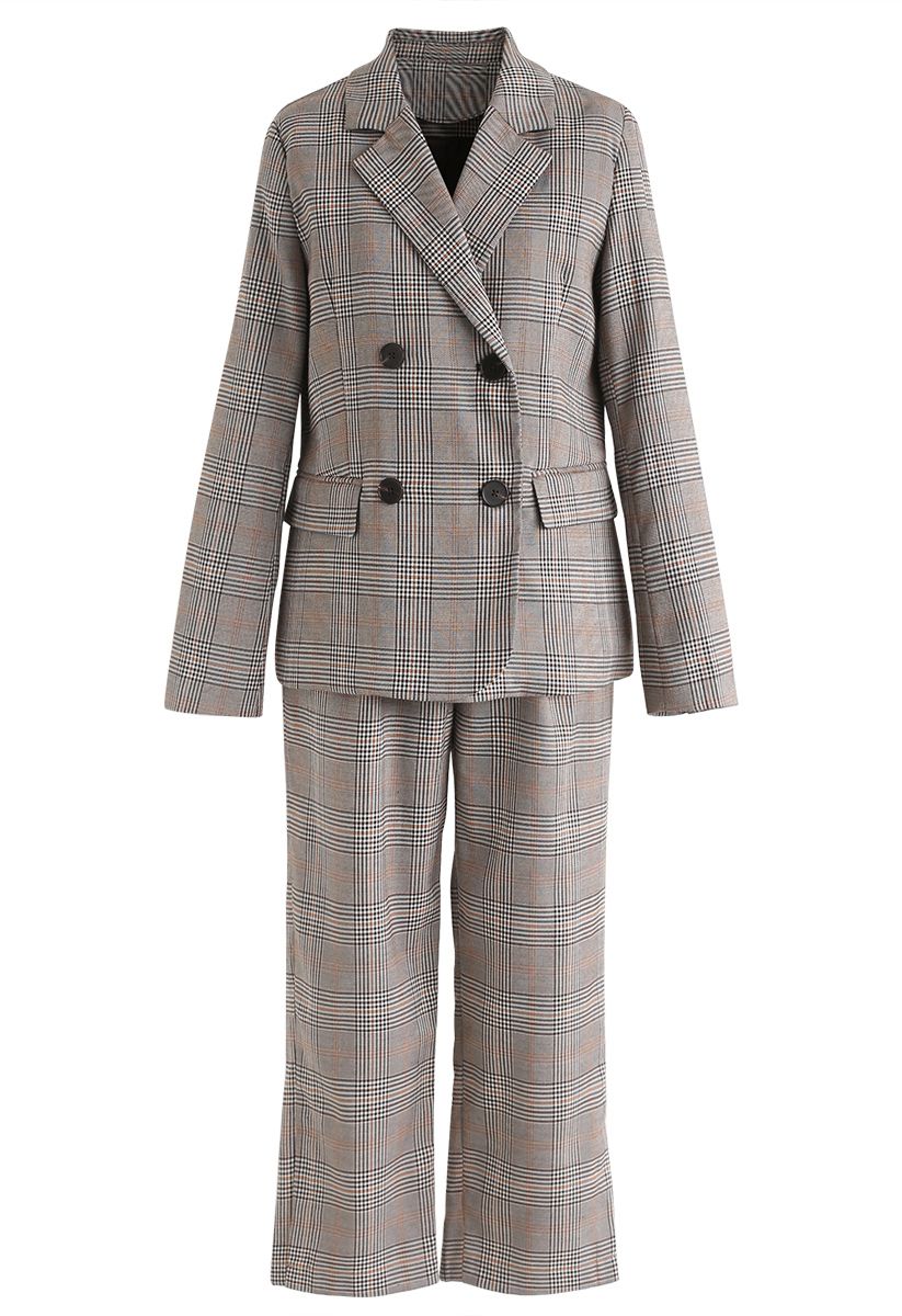 Double-Breasted Plaid Blazer and Pants Set