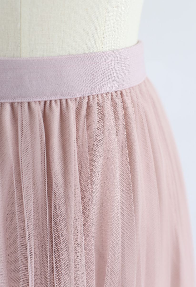 Pleated Double-Layered Mesh Tulle Pearls Skirt in Pink