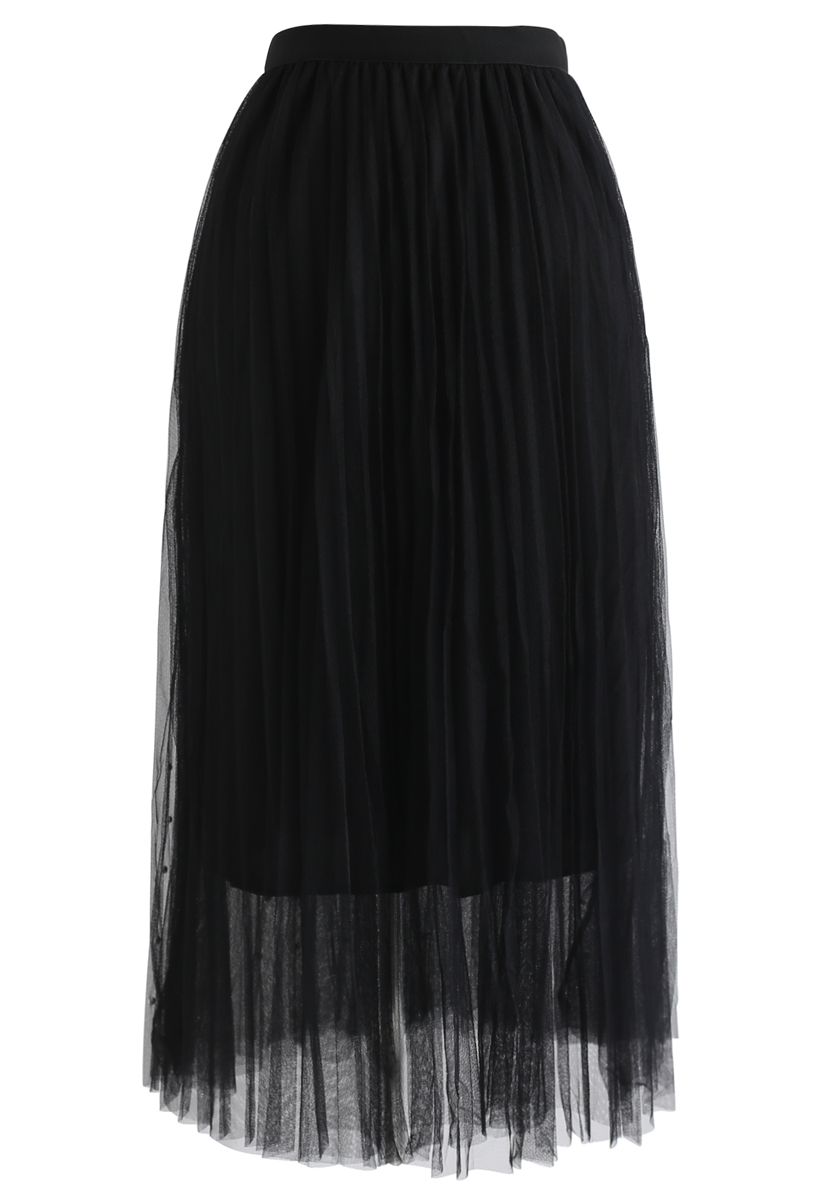 Pleated Double-Layered Mesh Tulle Pearls Skirt in Black