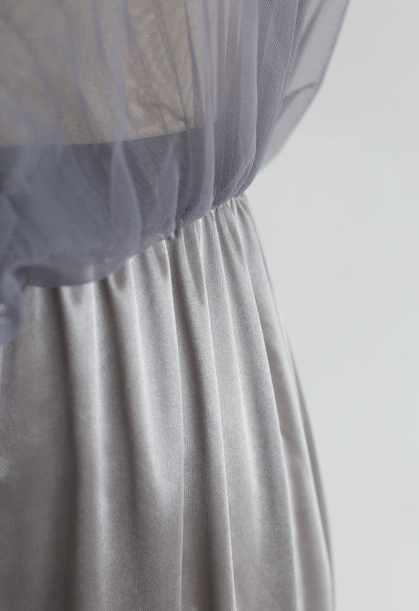 Pearls Trim Mesh Tulle Pleated Skirt in Smoke