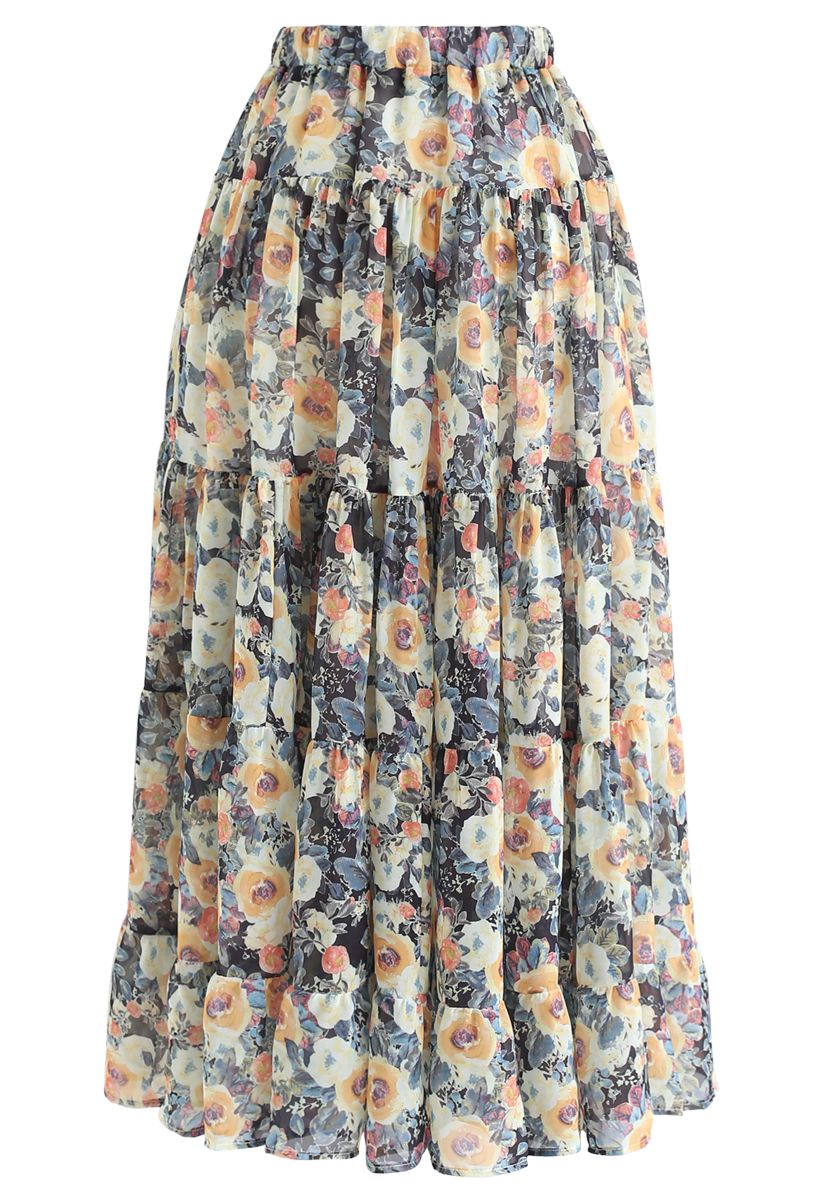 Floral Blossom Watercolor Ruffle Maxi Skirt in Yellow - Retro, Indie ...