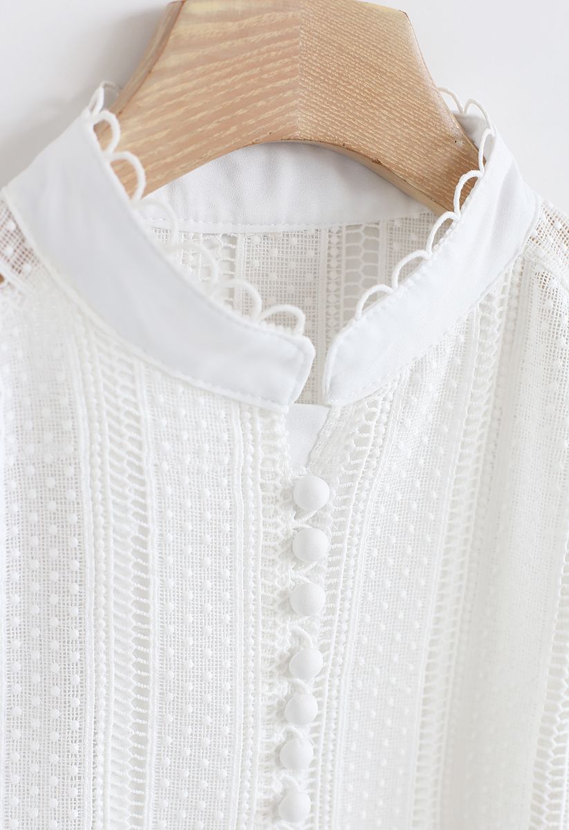 Crochet Eyelet Button Down Top in White