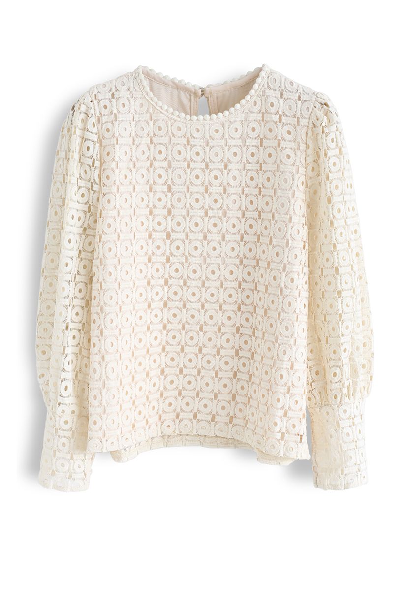 Full Circle Crochet Puff Sleeves Top in Cream