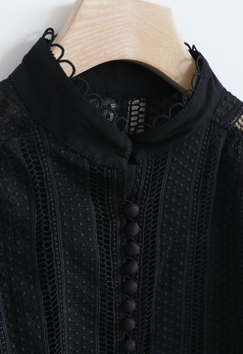 Crochet Eyelet Button Down Top in Black