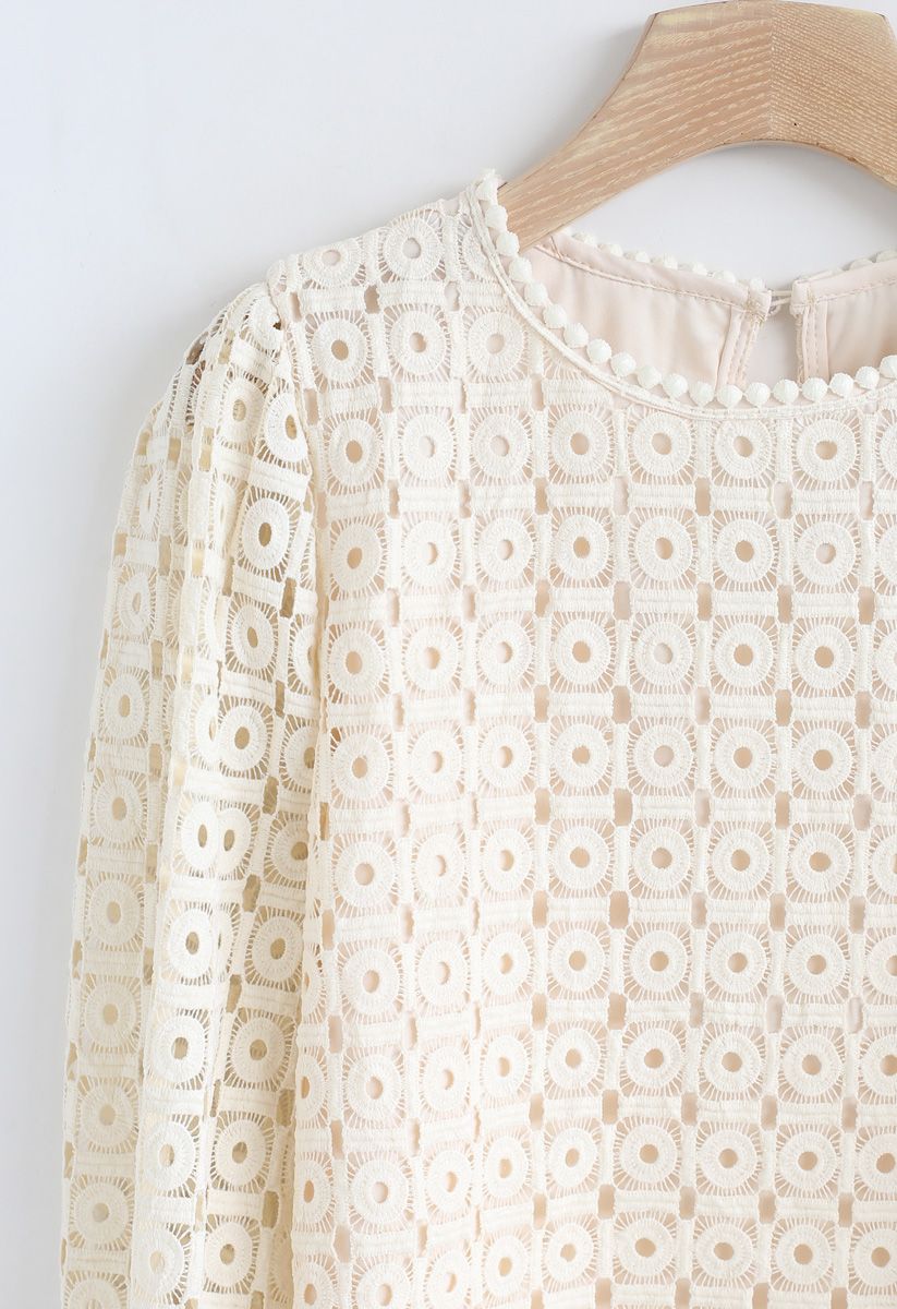 Full Circle Crochet Puff Sleeves Top in Cream