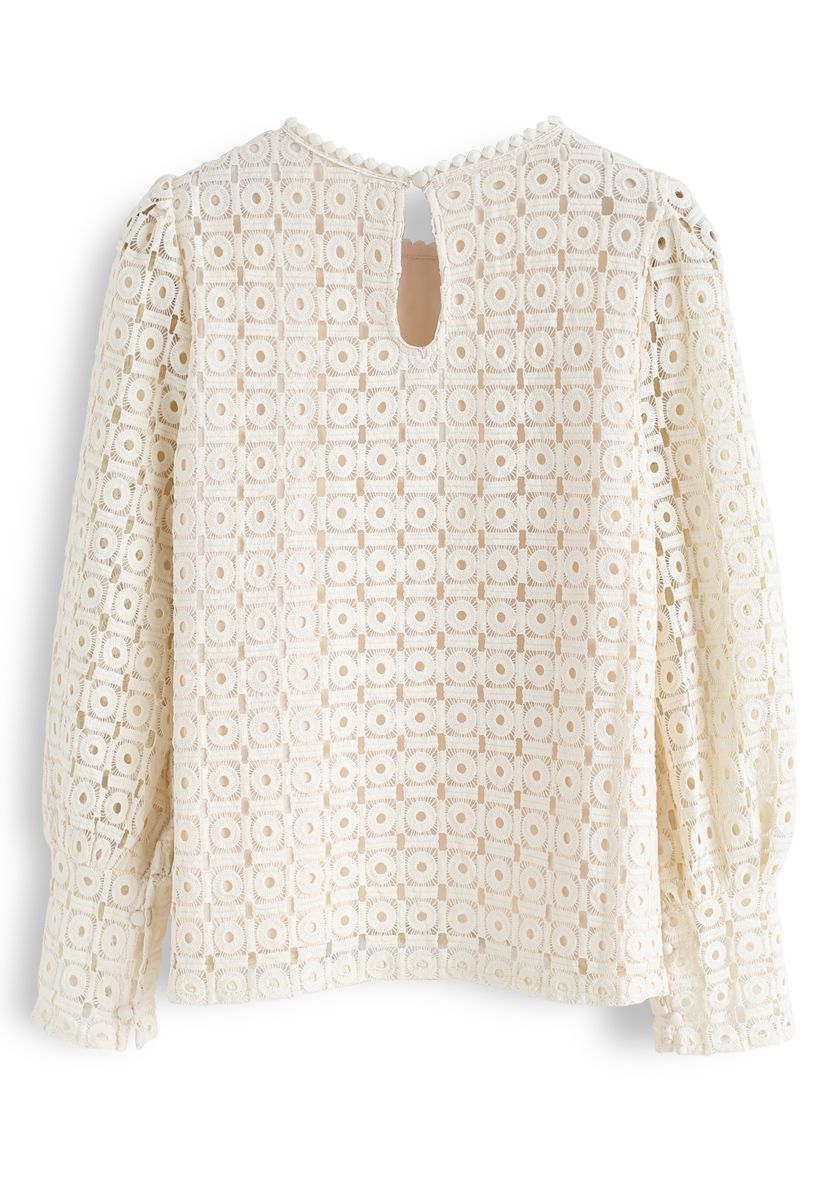 Full Circle Crochet Puff Sleeves Top in Cream