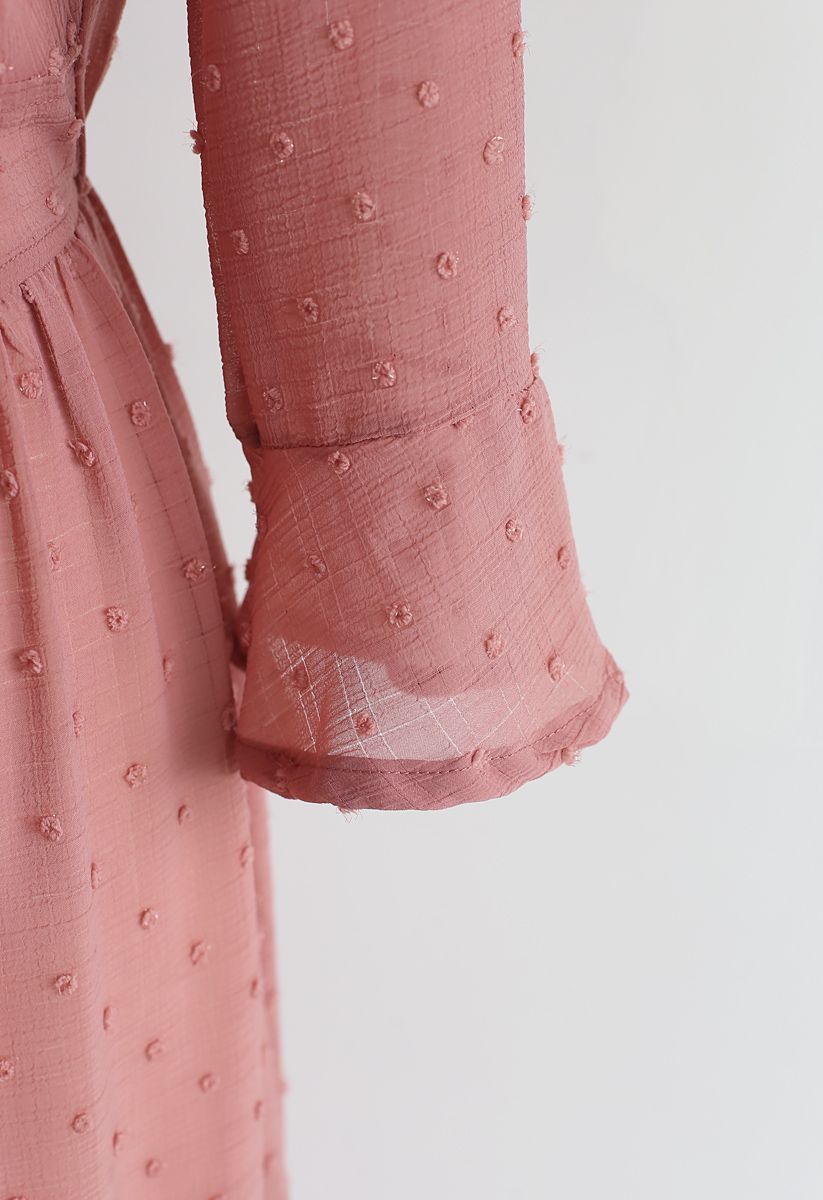 Flock Dots Wrapped Ruffle Maxi Dress in Coral