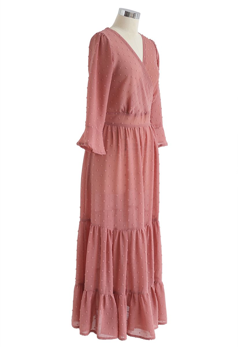 Flock Dots Wrapped Ruffle Maxi Dress in Coral