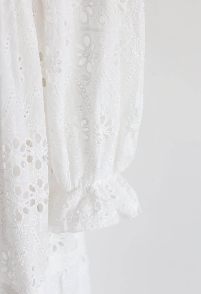 Bell Cuffs Eyelet Embroidered Dress in White