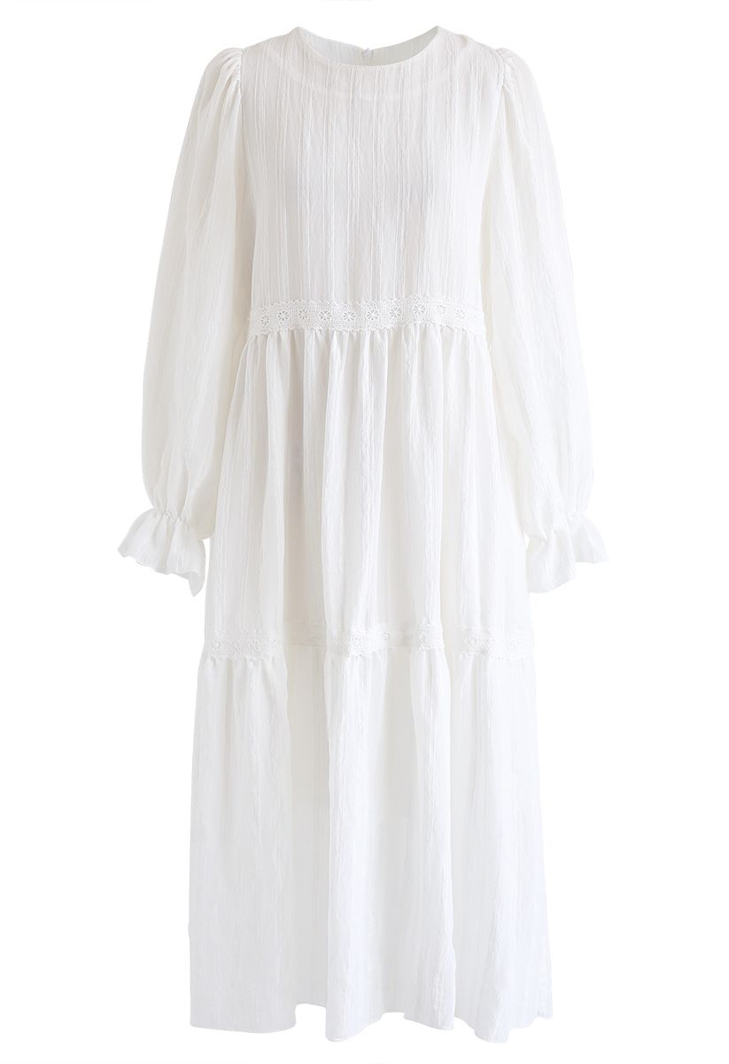 Puff Sleeves Crochet Trim Dolly Dress in White