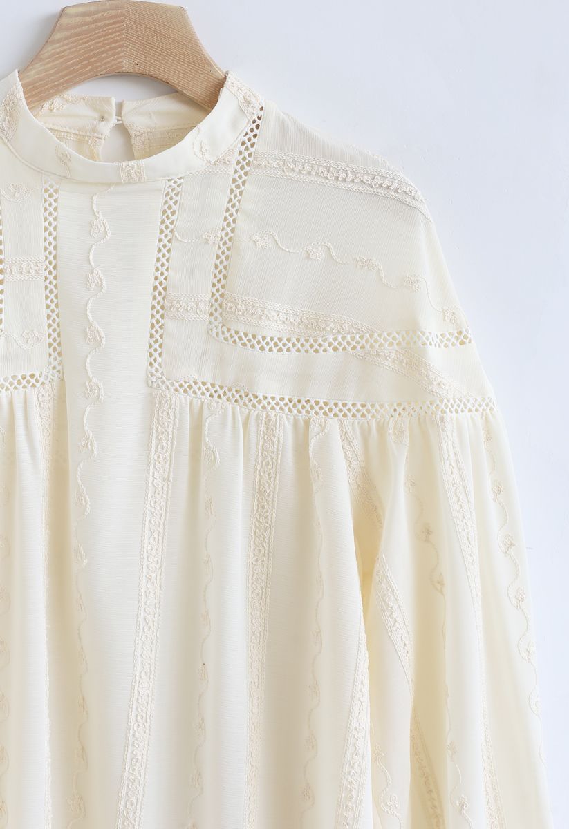 Embroidered Eyelet Detail Sheer Top in Cream