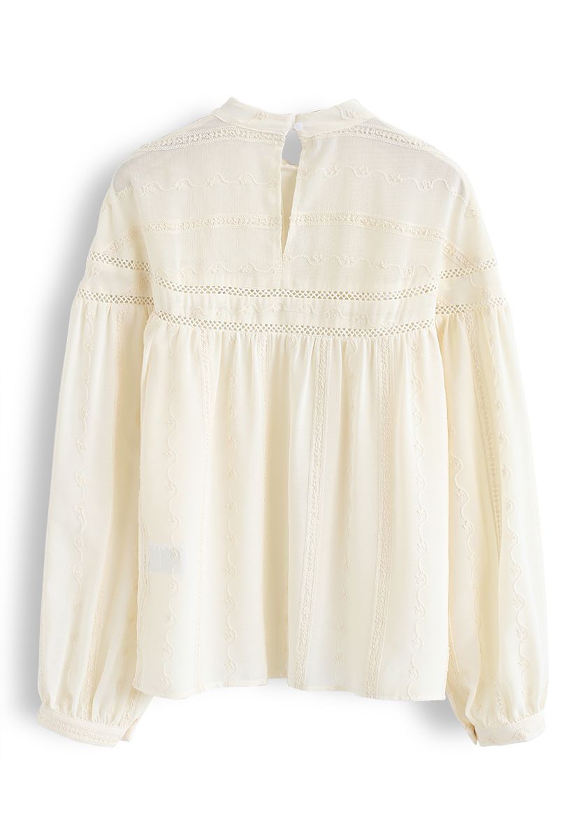 Embroidered Eyelet Detail Sheer Top in Cream