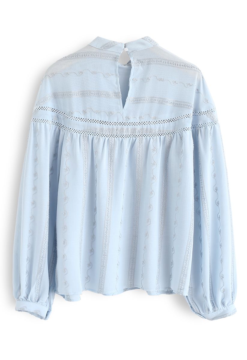 Embroidered Eyelet Detail Sheer Top in Blue