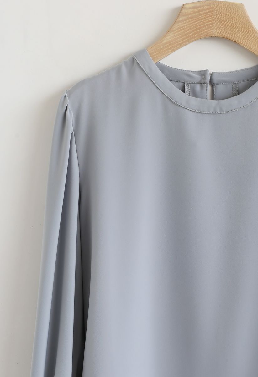 Round Neck Satin Smock Top in Dusty Blue