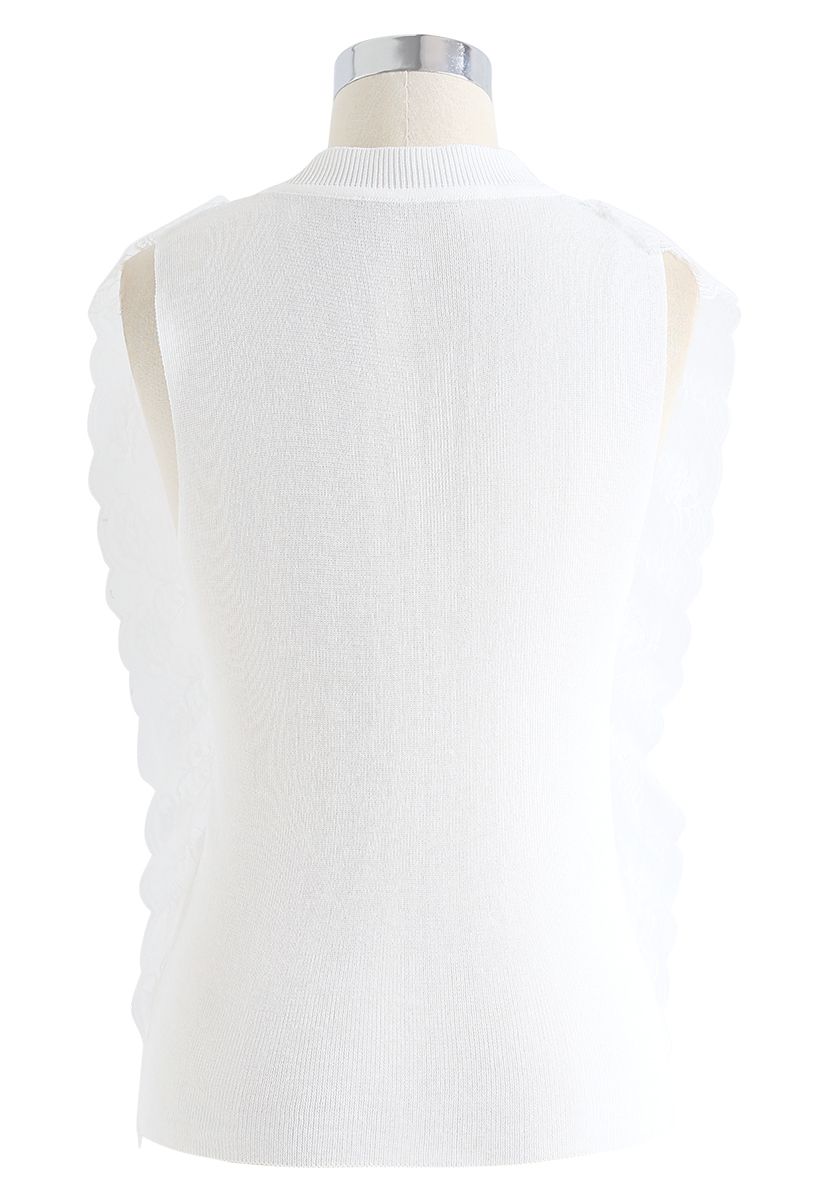 Lace Button Down Sleeveless Knit Top in White