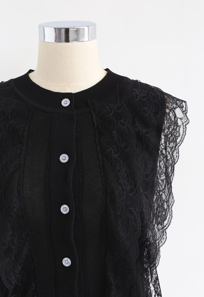 Lace Button Down Sleeveless Knit Top in Black