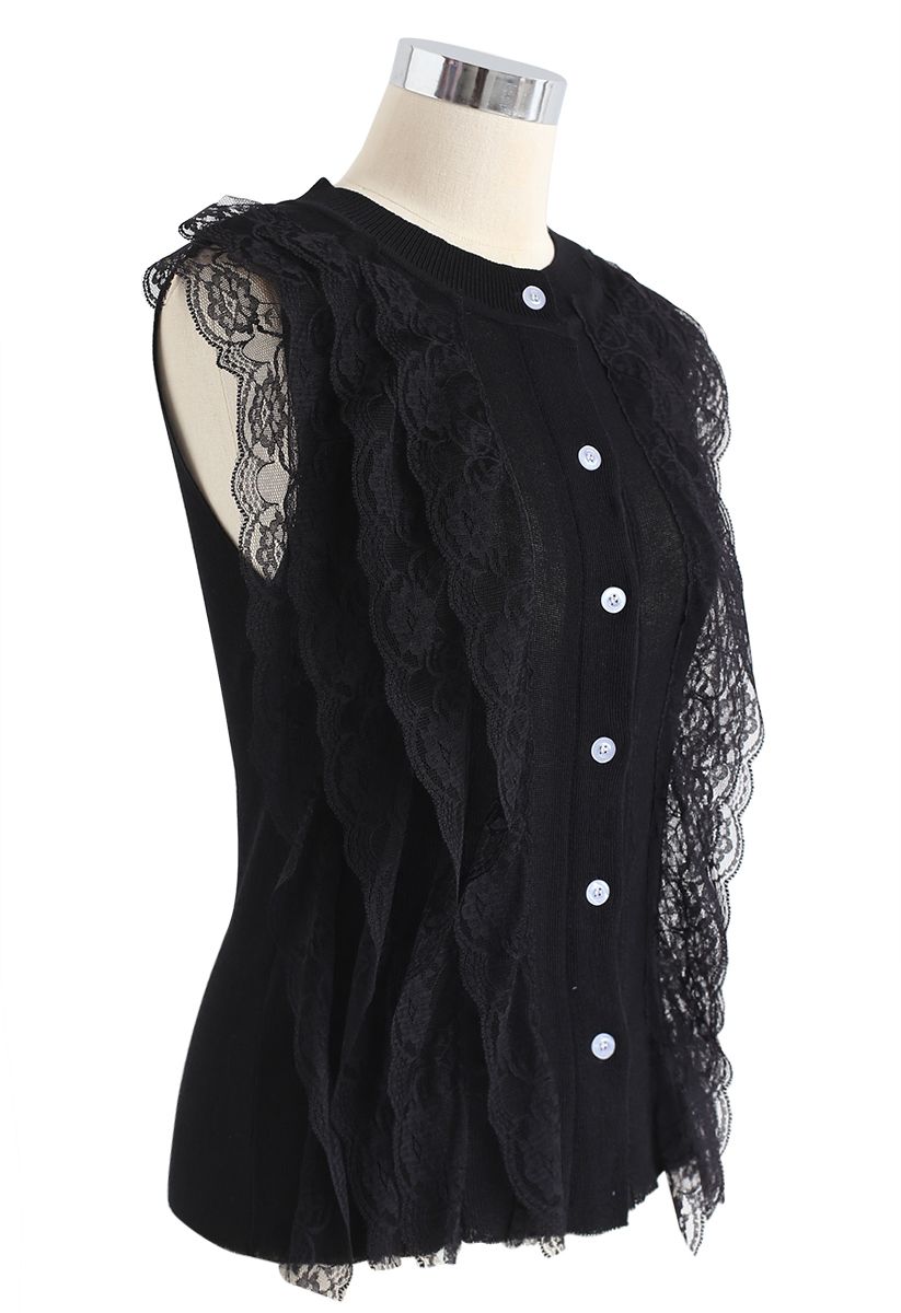 Lace Button Down Sleeveless Knit Top in Black