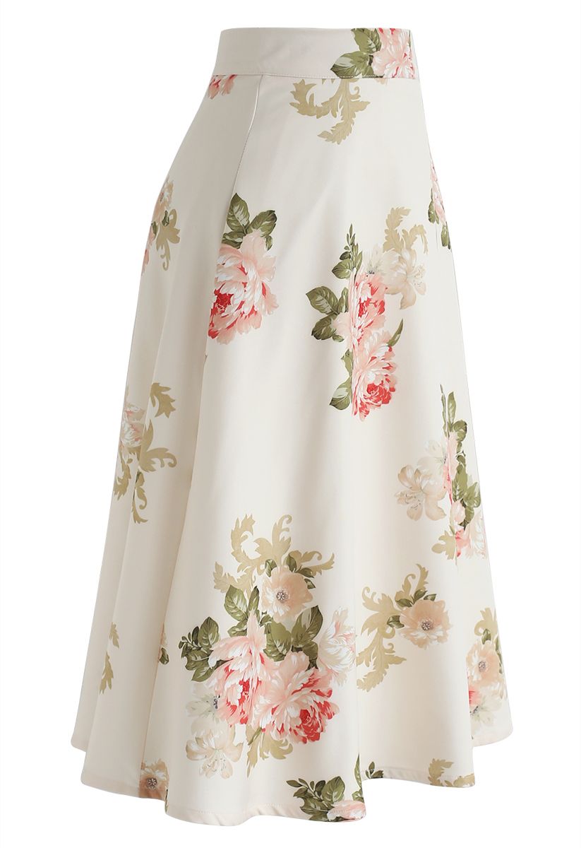 Rose Print A-Line Flare Midi Skirt in Cream