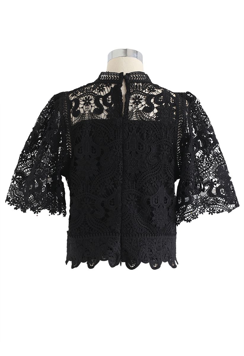 Crochet Bell Sleeves Cropped Top in Black