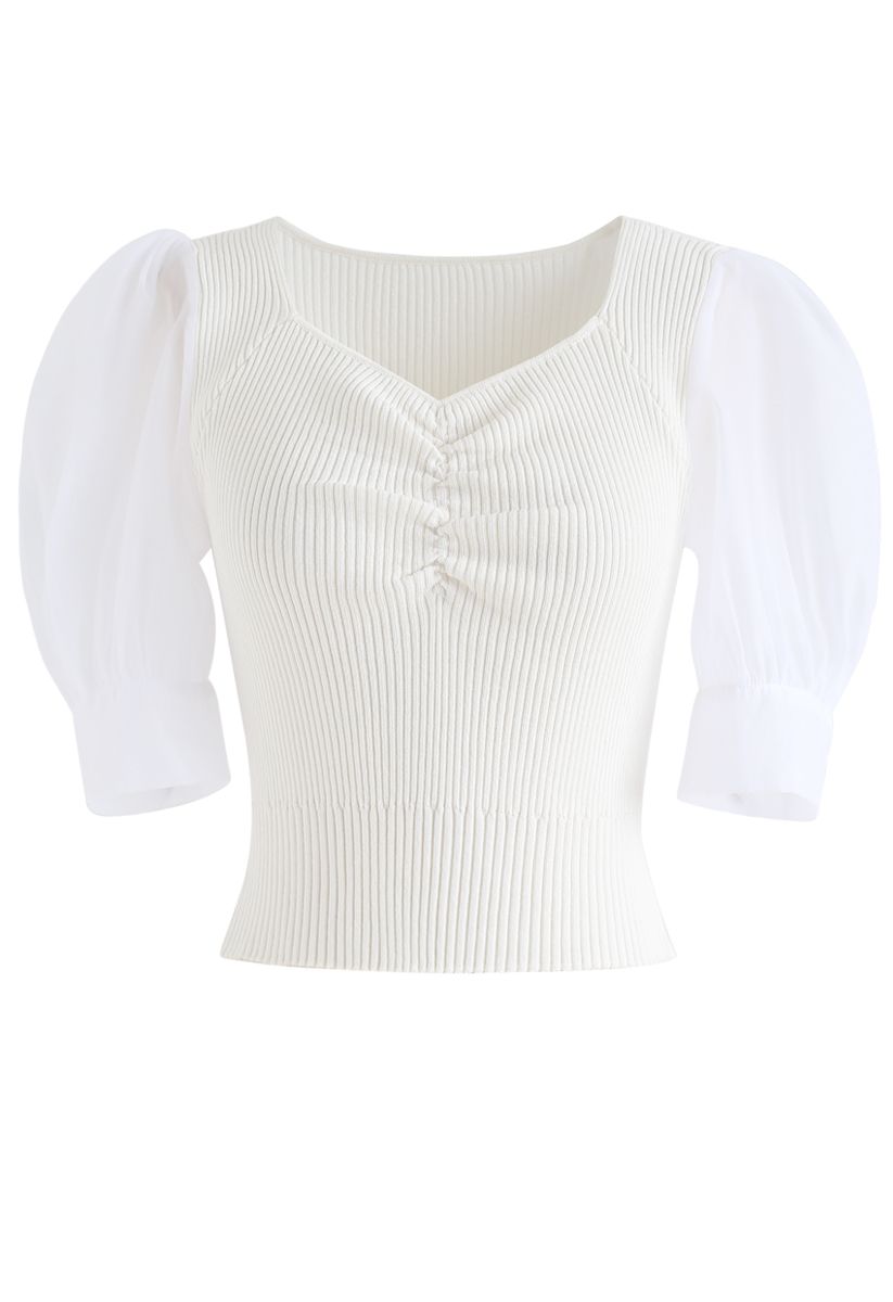 Ruched Bubble Sleeves Cropped Knit Top in White