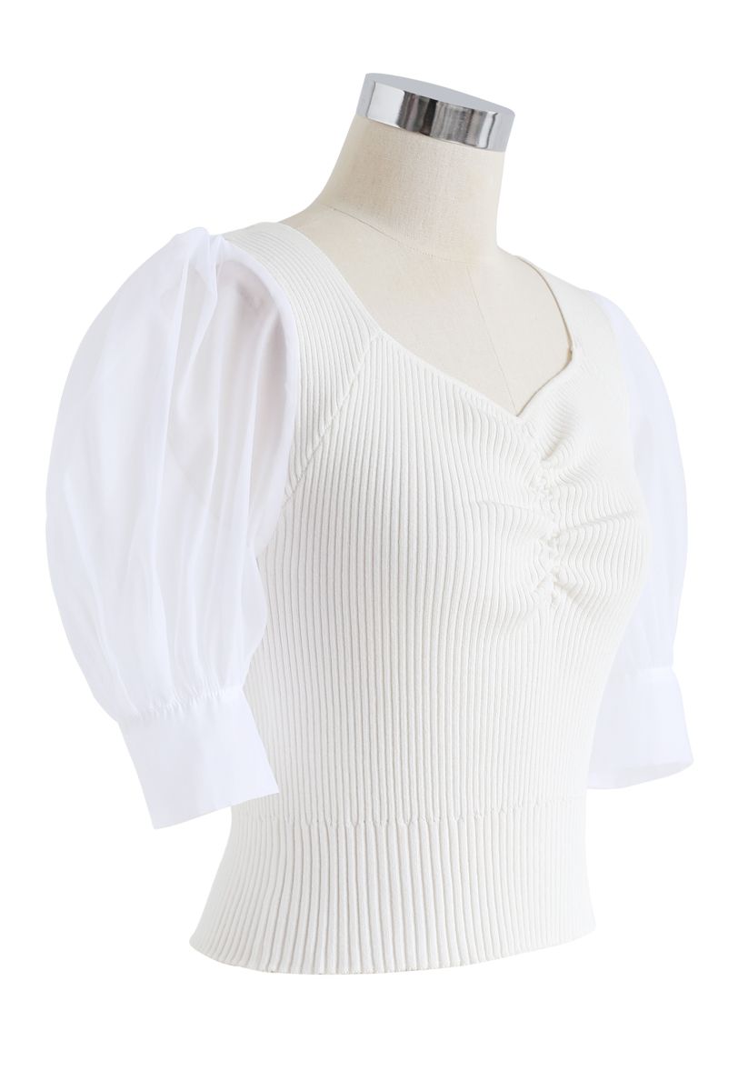 Ruched Bubble Sleeves Cropped Knit Top in White