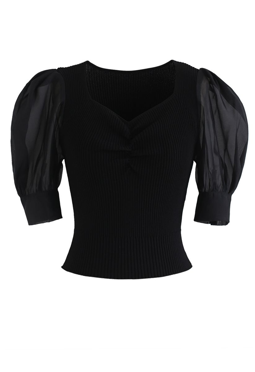 Ruched Bubble Sleeves Cropped Knit Top in Black