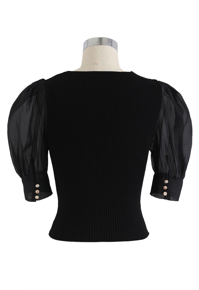 Ruched Bubble Sleeves Cropped Knit Top in Black