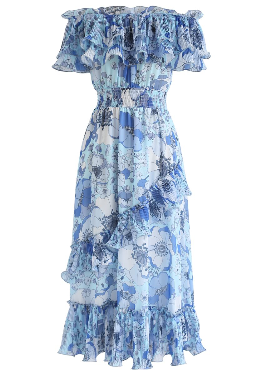Blooming Floral Off-Shoulder Dress in Blue