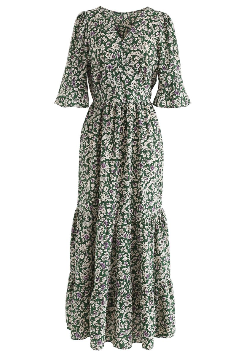 Wildflower Flare Sleeves Wrapped Maxi Dress in Green